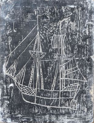 an image of a black and white drawing of a ship on a blackboard