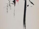 a black and white painting of a bird flying over a tree