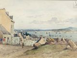 une aquarelle représentant une vue d'un port