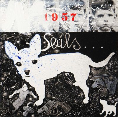 painting of a white dog on a black background with a red and white sign that says sell