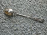 a silver spoon with a silver spoon handle on a gray surface