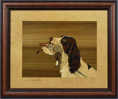 une peinture à l'huile représentant un chien tenant un canard dans sa gueule