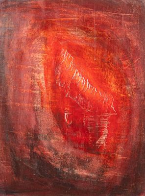 une peinture abstraite représentant un cœur rouge sur un fond marron