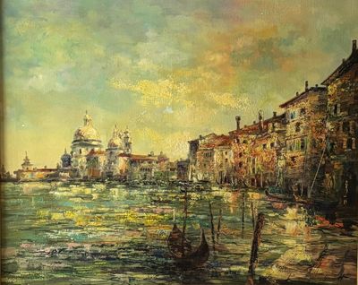 an oil painting of a view of a canal with a church in the background