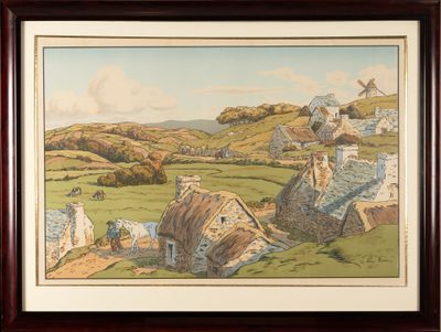 an image of a painting of a farm with a windmill in the background
