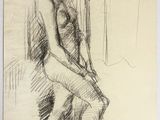 un dessin représentant une femme assise sur un tabouret dans une pièce