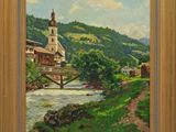 une peinture à l'huile représentant un village au bord d'une rivière, avec un pont