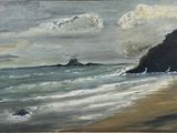 an oil painting of a beach scene with waves crashing on the shore