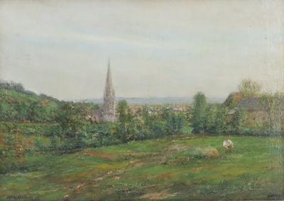 painting of a view of a village with a church in the distance