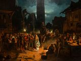 an image of a painting of a crowd of people gathered around a fire