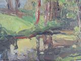 a painting of a stream running through a forest