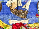 a picture of a painting of a pirate ship in the ocean