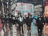 a painting of a group of people walking down the street