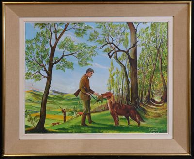tableau représentant un homme promenant son chien dans un espace boisé