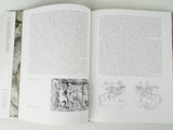 an open book with drawings of animals and people on it