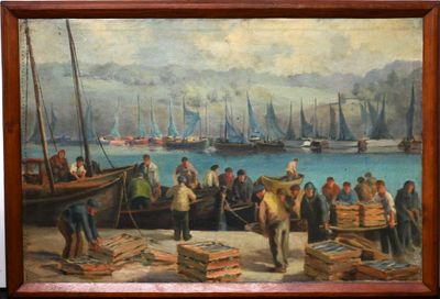 un tableau représentant un groupe de personnes sur un quai