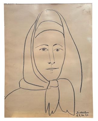 a drawing of a woman with a scarf on her head
