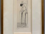 dessin représentant un homme assis sur une chaise, dans un cadre doré