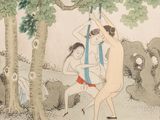 a painting of a man and a woman hanging from a tree