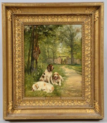 un tableau représentant deux chiens couchés par terre près d'un arbre