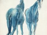 painting of two horses walking side by side on a white background