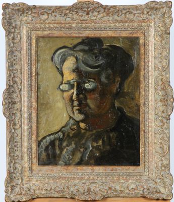 an oil painting of a woman in a hat and glasses