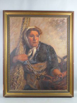tableau représentant une femme avec un panier de fruits, dans un cadre doré