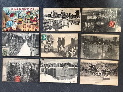several black and white photos of a bunch of old postcards