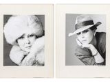 two black and white photographs of a woman in a hat and fur coat