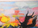 a painting of a tree in a field with a sun in the background