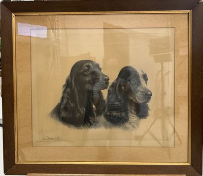 painting of two dogs sitting in front of a mirror in a room