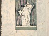 a drawing of a man standing in front of a window