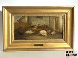 an image of a painting of a farm scene with chickens and sheep