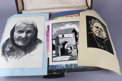 an open suitcase with a drawing of a man in it