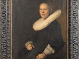 an old painting of a woman in a black dress with a white collar