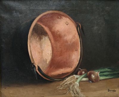 une peinture à l'huile représentant un faitout et des oignons posés sur une table