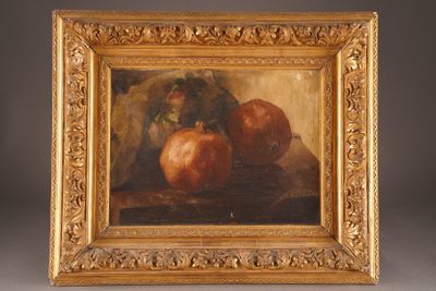 painting of a still life of apples and onions in a gold frame
