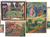 several paintings on a white surface of various colors and sizes