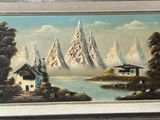 a painting of a mountain scene with a house in the foreground