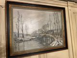 painting hanging on the wall of a room with a painting of a river
