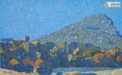 un tableau représentant une montagne au loin, avec des arbres au premier plan