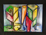 peinture abstraite représentant un ensemble d'objets colorés sur fond noir