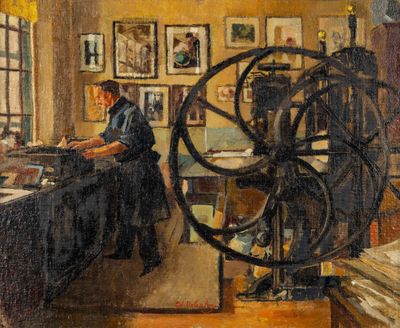 une peinture à l'huile représentant une femme travaillant dans une usine avec un rouet