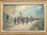 tableau représentant un groupe d'hommes à cheval sur un chemin de terre