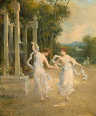 tableau représentant deux femmes en robe blanche dansant dans un jardin