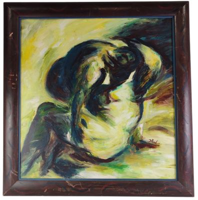 a painting of a woman sitting on the ground with her head in her hands