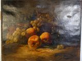 painting of a still life of peaches and grapes on a table