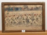 drawing of a group of men in uniform holding swords in front of a crowd of people