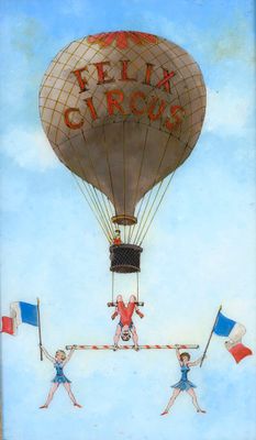 a picture of a painting of a hot air balloon being carried by a group of people