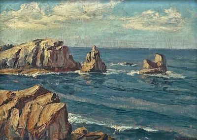 une peinture représentant des rochers dans l'eau, près du rivage
